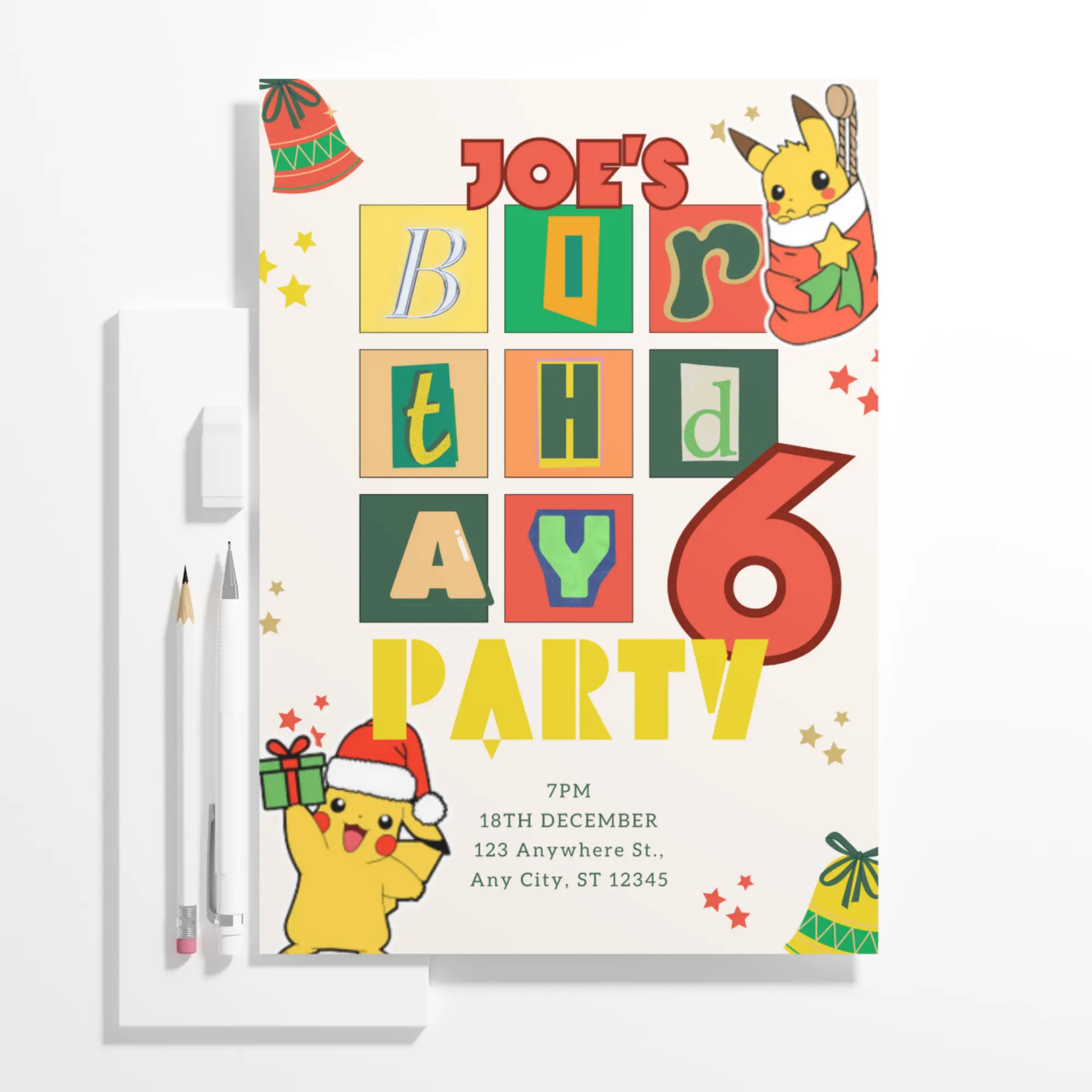 Pikachu Pokemon Christmas Birthday Invitation Template - CreativeRino