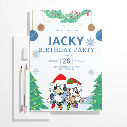 Bluey and Bingo Christmas Birthday Invitation Template - CreativeRino