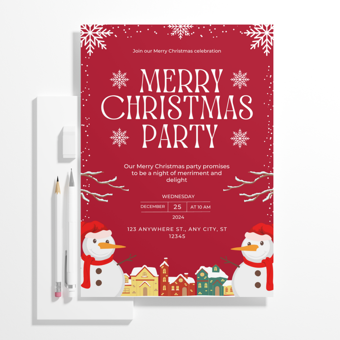 Christmas Party Invitation Template | Snowman Merry Christmas Invite