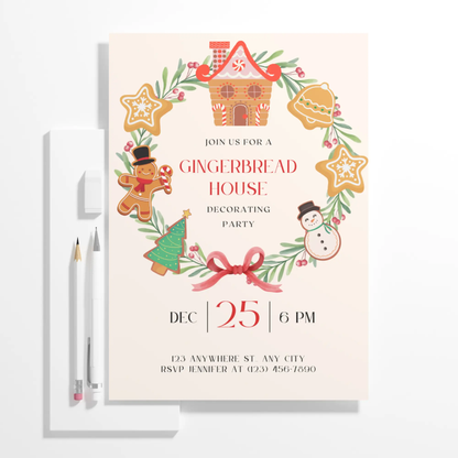 Gingerbread House Decorating Party Christmas Invitation Template - CreativeRino