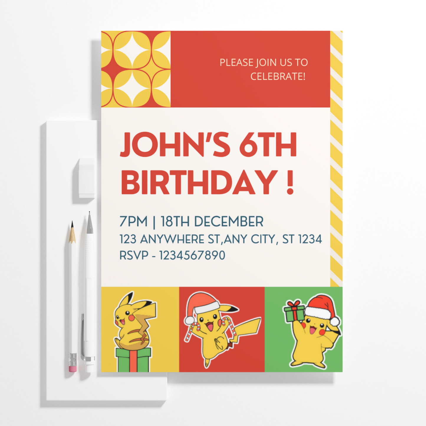 Pikachu Pokemon Christmas Birthday Invitation Template