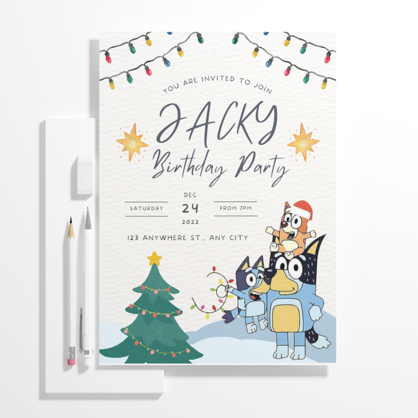 Bluey and Bingo Christmas Birthday Invitation Template