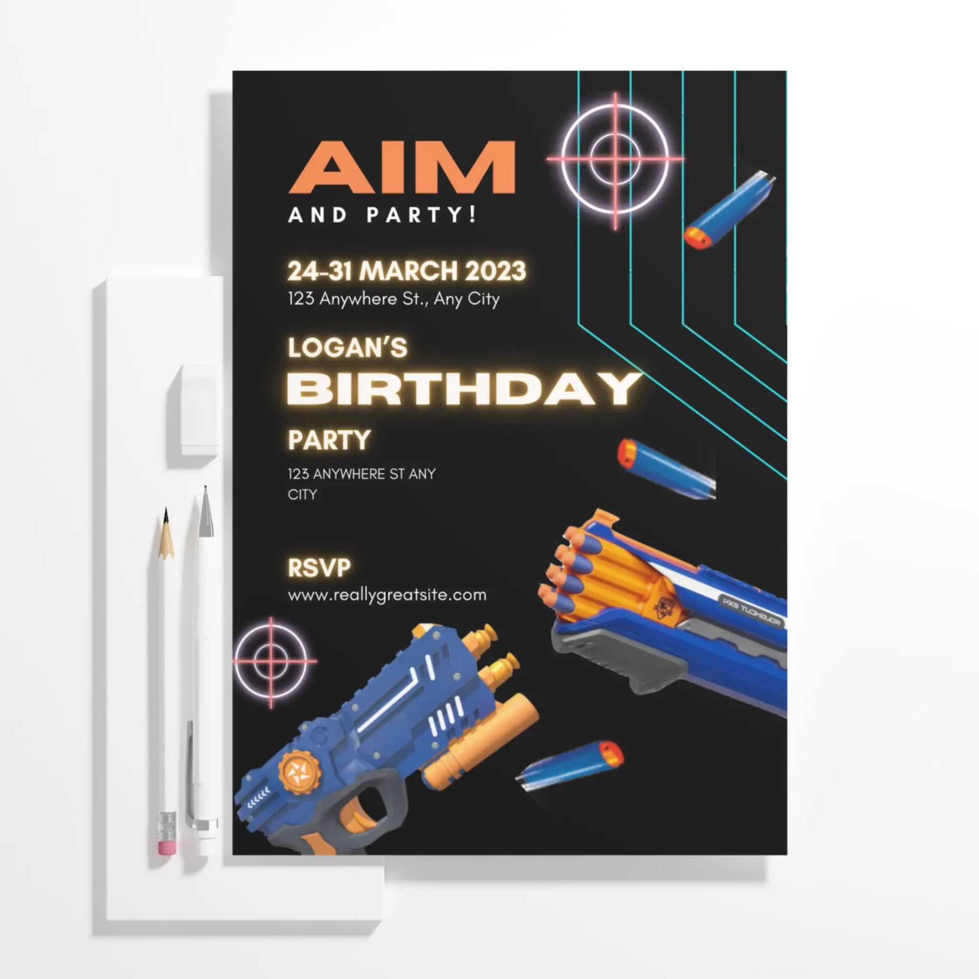 Nerf Dart Gun Birthday Invitation Template - CreativeRino