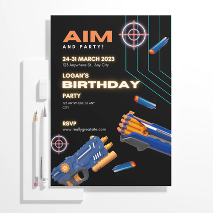 Nerf Dart Gun Birthday Invitation Template - CreativeRino