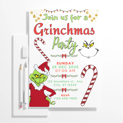 Grinchmas Christmas Party Invitation Template | Grinch Invite - CreativeRino