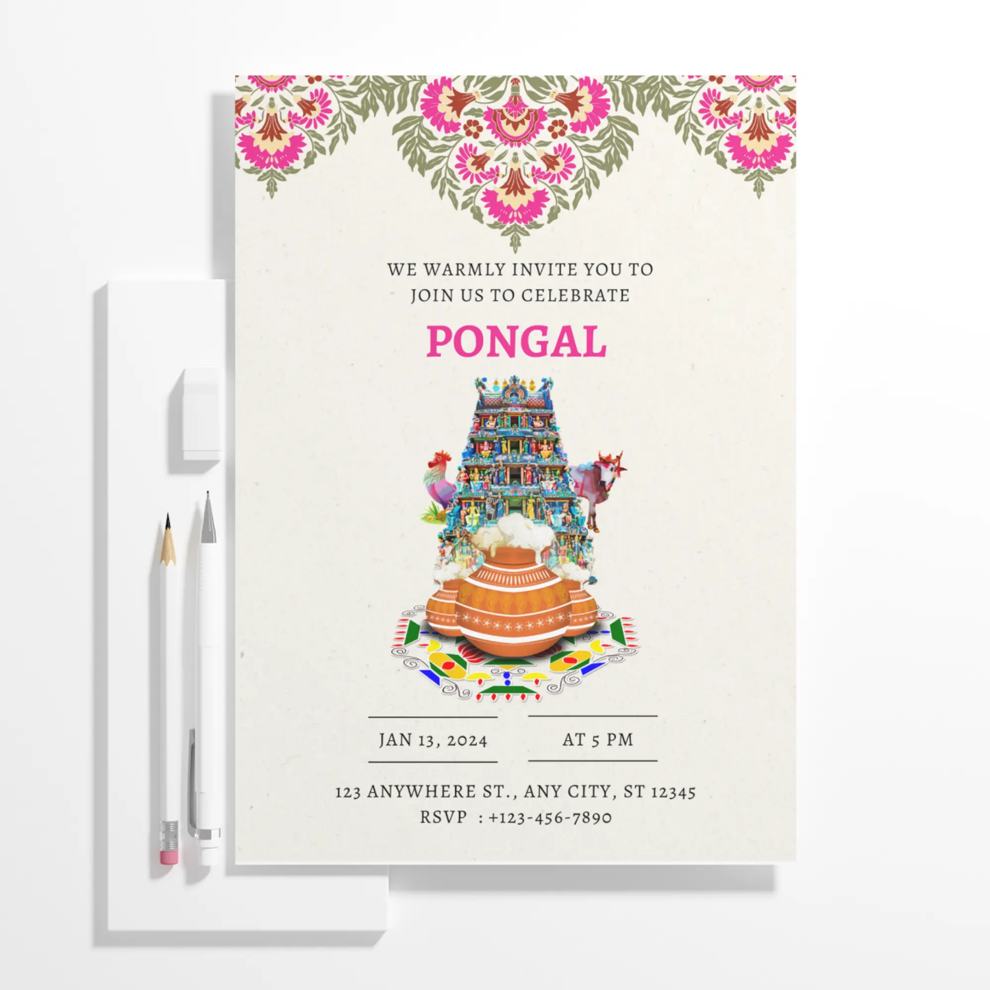 Pongal Invitation Template | Pongal Celebration Invite - CreativeRino