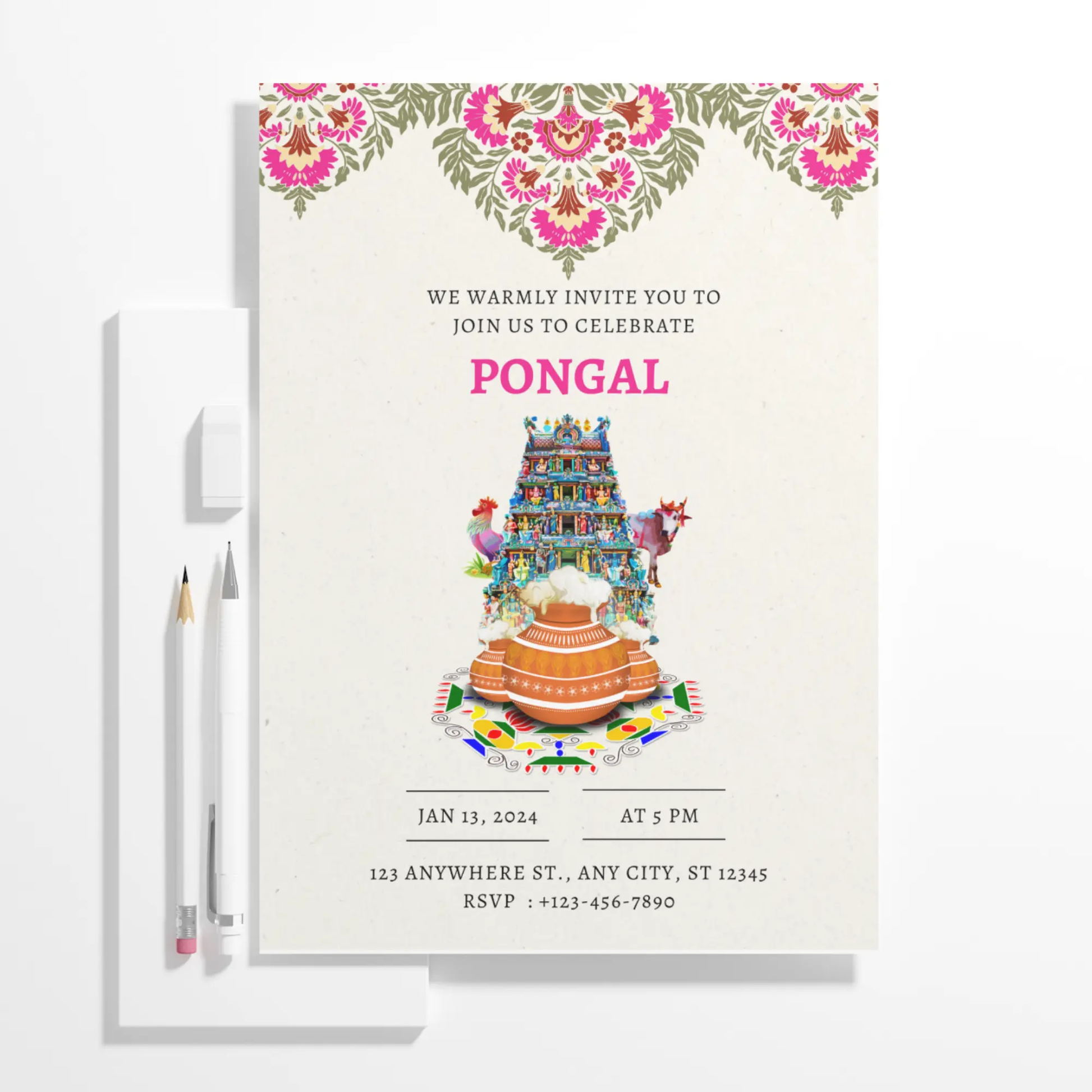 Pongal Invitation Template | Pongal Celebration Invite - CreativeRino