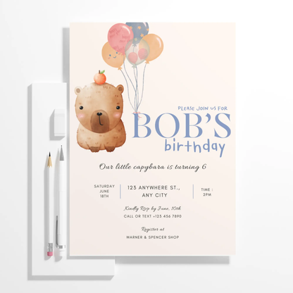 Capybara Birthday Invitation Template - CreativeRino