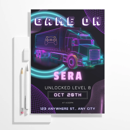 Game Truck Gaming Birthday Invitation Template - CreativeRino