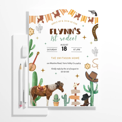 Rodeo Birthday Invitation Template | My First Rodeo Invite - CreativeRino