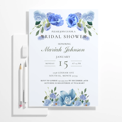 Blue Floral Bridal Shower Invitation Template - CreativeRino