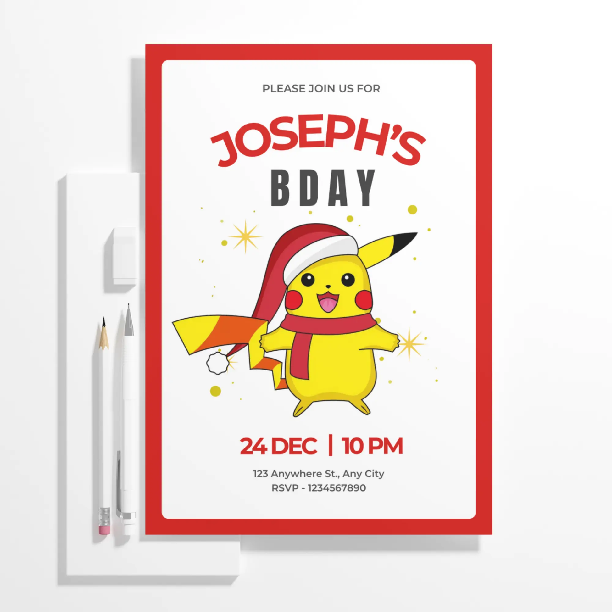 Pikachu Pokemon Christmas Birthday Invitation Template - CreativeRino