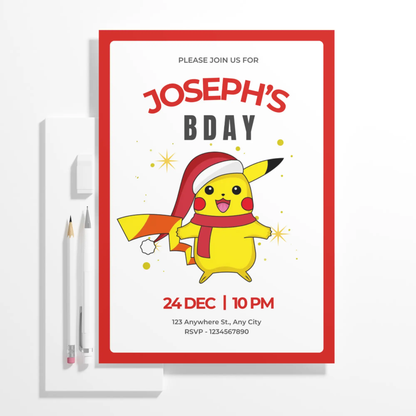 Pikachu Pokemon Christmas Birthday Invitation Template - CreativeRino