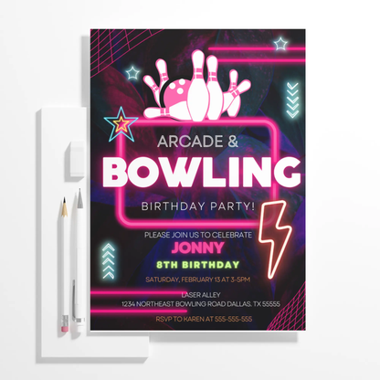 Arcade and Bowling Birthday Invitation Template - CreativeRino