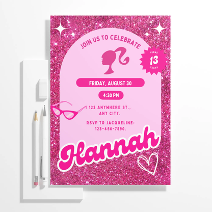Hot Pink Doll Birthday Invitation Template - CreativeRino