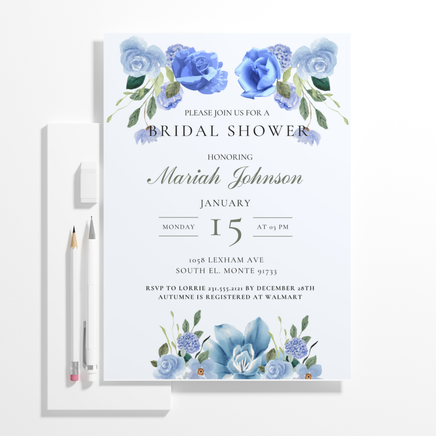 Blue Floral Bridal Shower Invitation Template