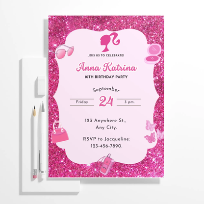 Pink Doll Birthday Invitation Template - CreativeRino