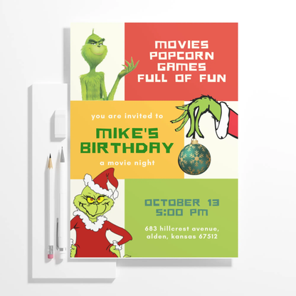 Grinch Christmas Birthday Invitation Template - CreativeRino