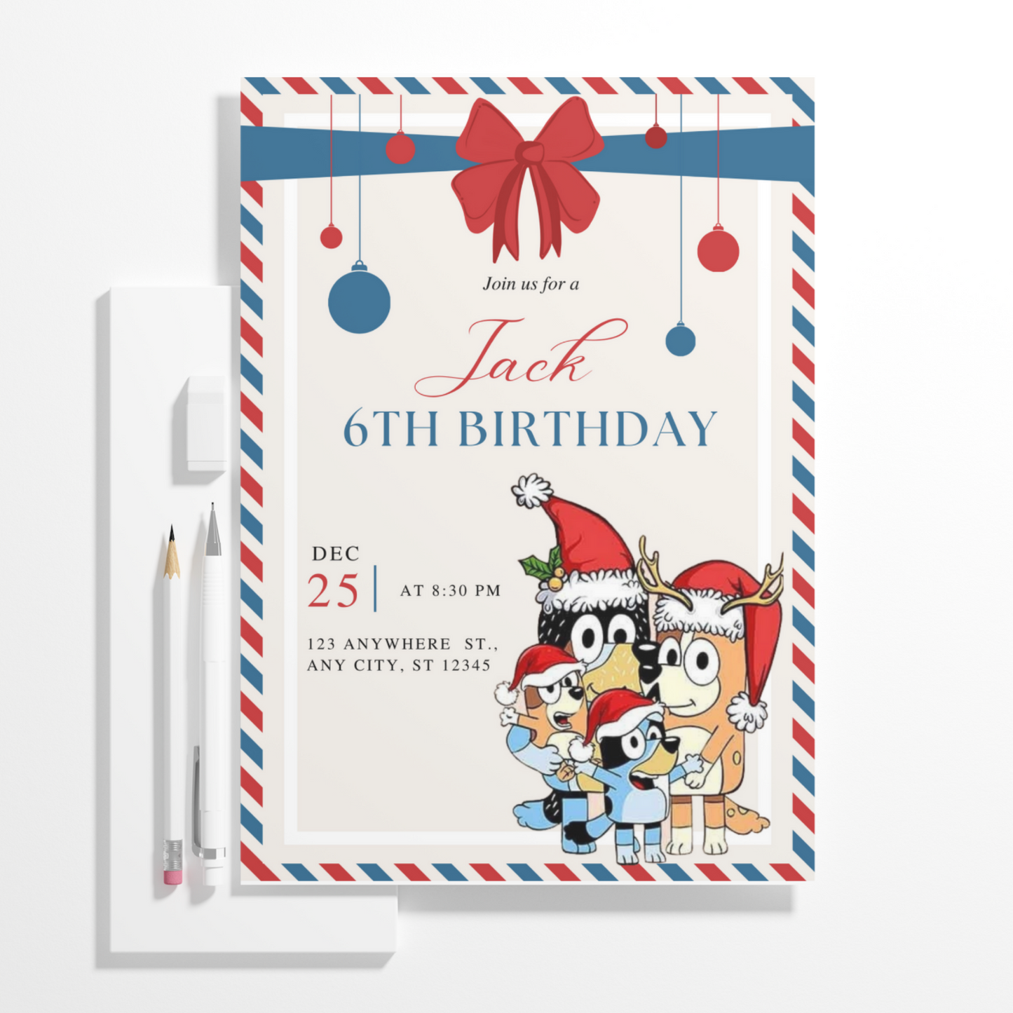 Bluey and Bingo Christmas Birthday Invitation Template