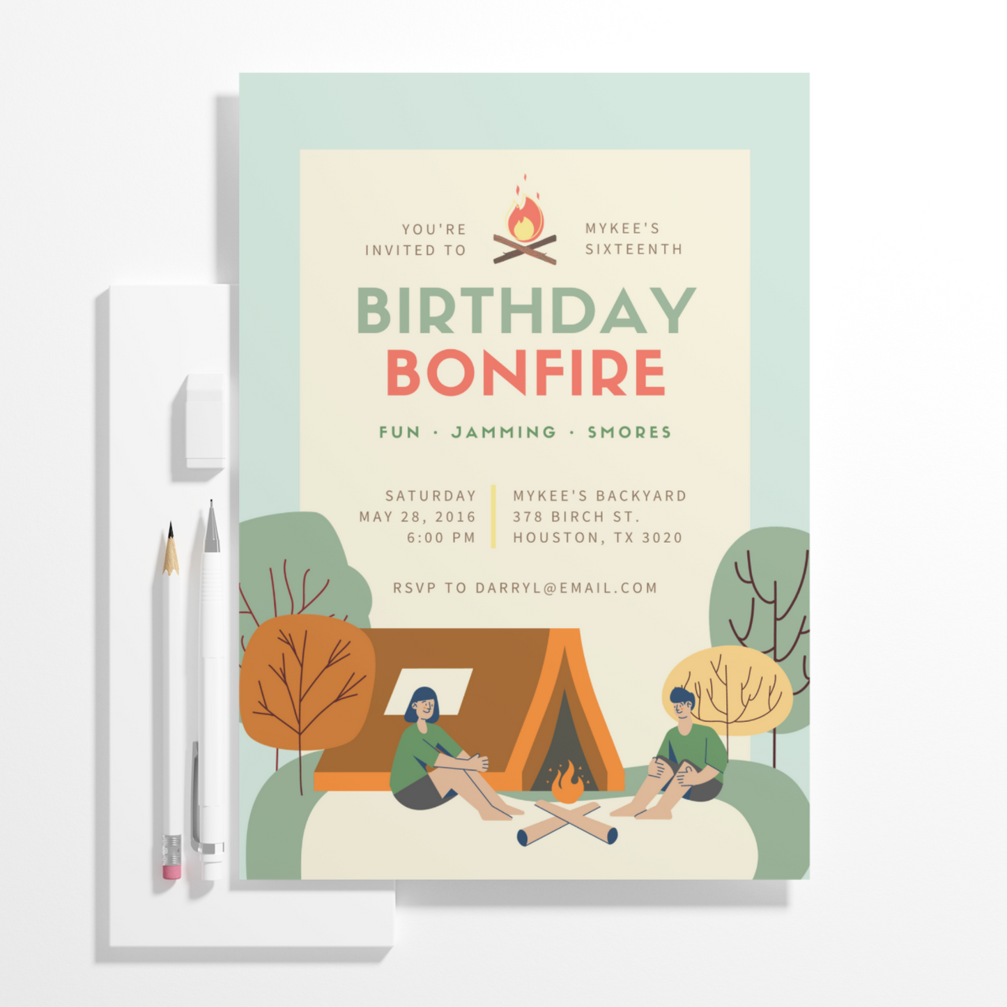 Bonfire Birthday Invitation Template | Camping Invite