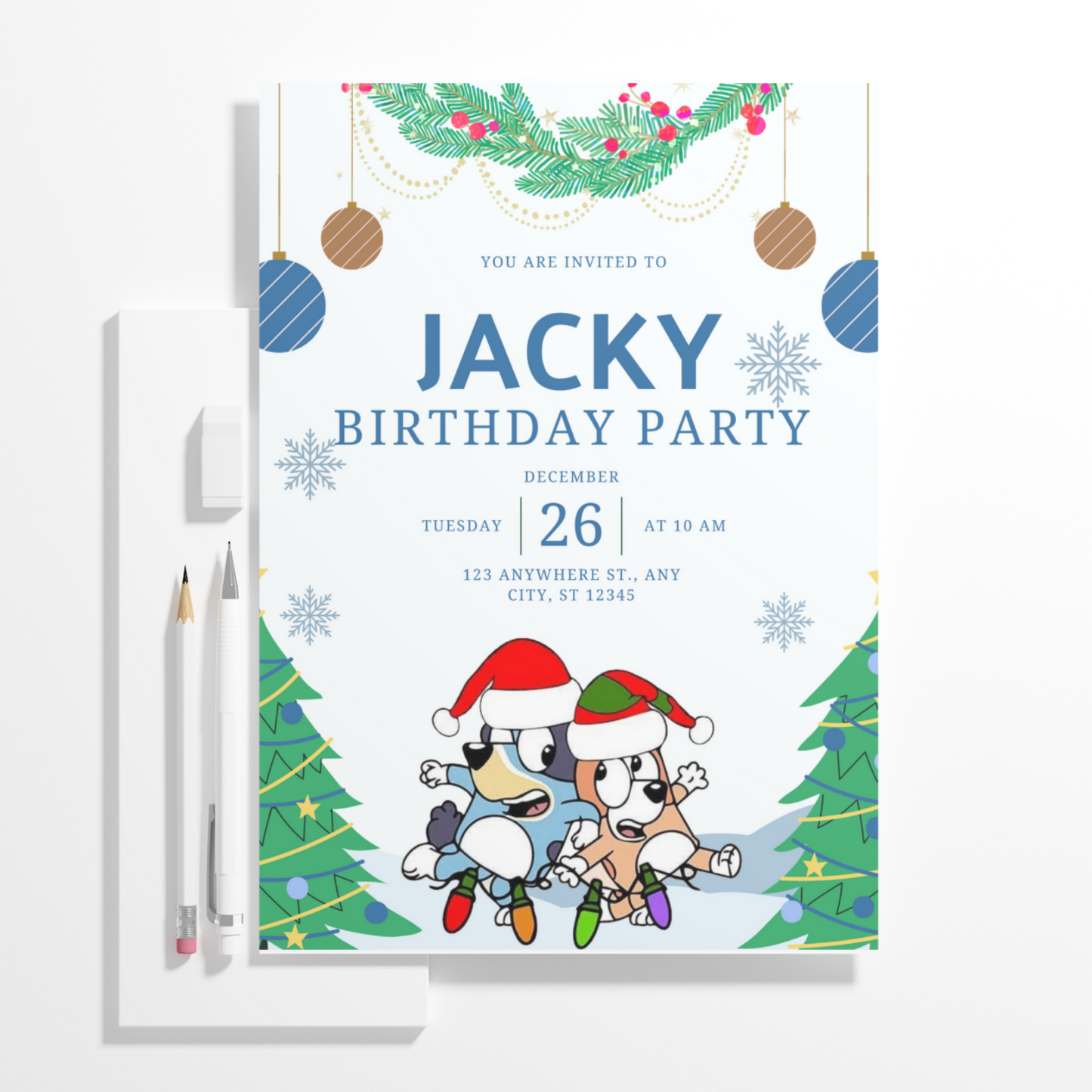 Bluey and Bingo Christmas Birthday Invitation Template