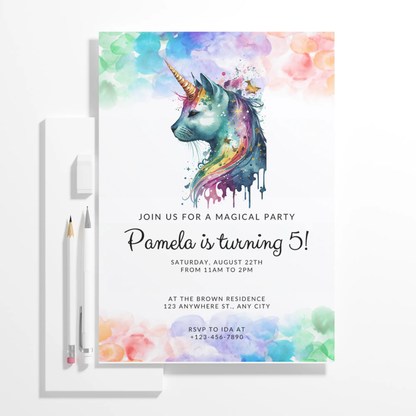 Caticorn Unicorn Birthday Invitation Template - CreativeRino