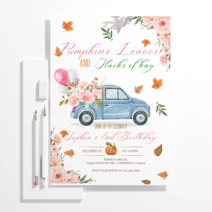 Fall Pumpkin Truck Birthday Party Invitation Template - CreativeRino