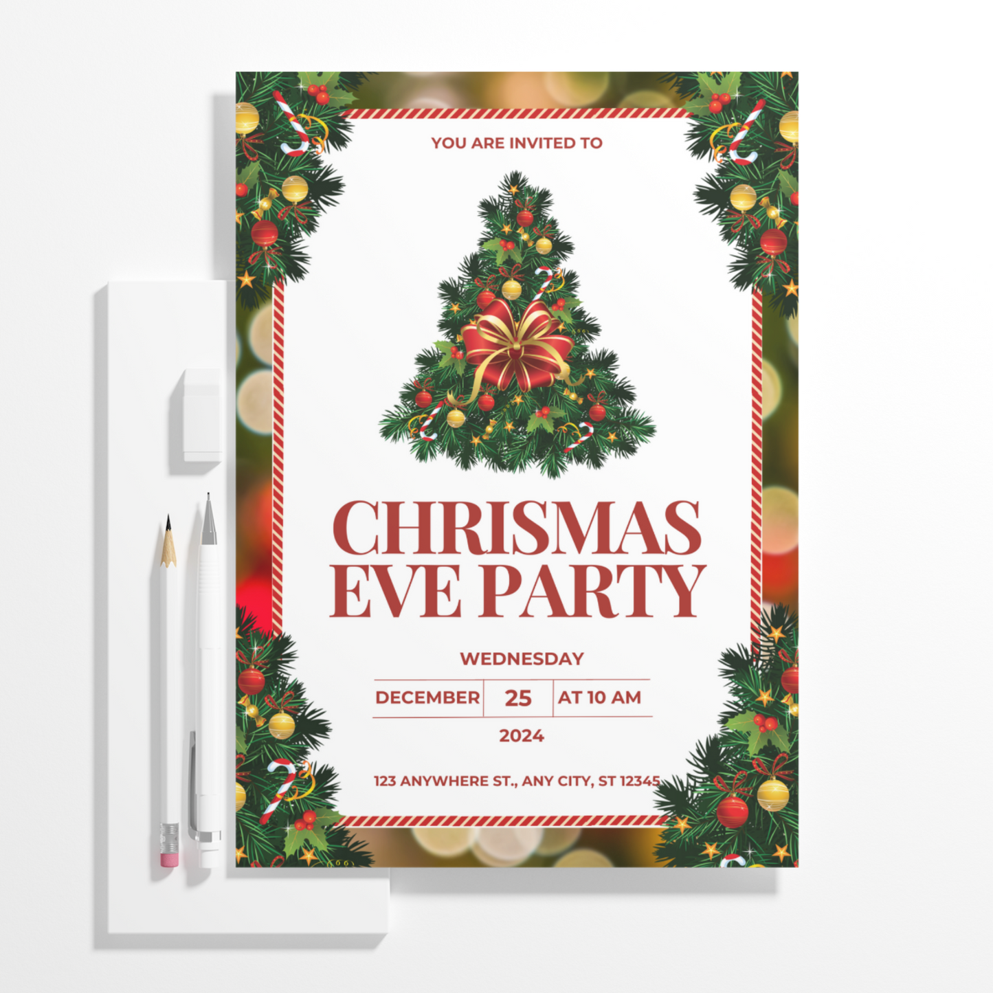 Christmas Eve Party Invitation Template | Christmas Tree Lights Invite