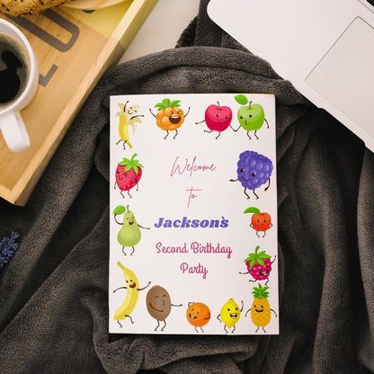 Hey Bear Dancing Fruit Birthday Welcome Sign Template - CreativeRino