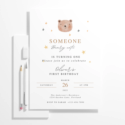 Teddy Bear Birthday Invitation Template | Someone Beary Cute Invite - CreativeRino