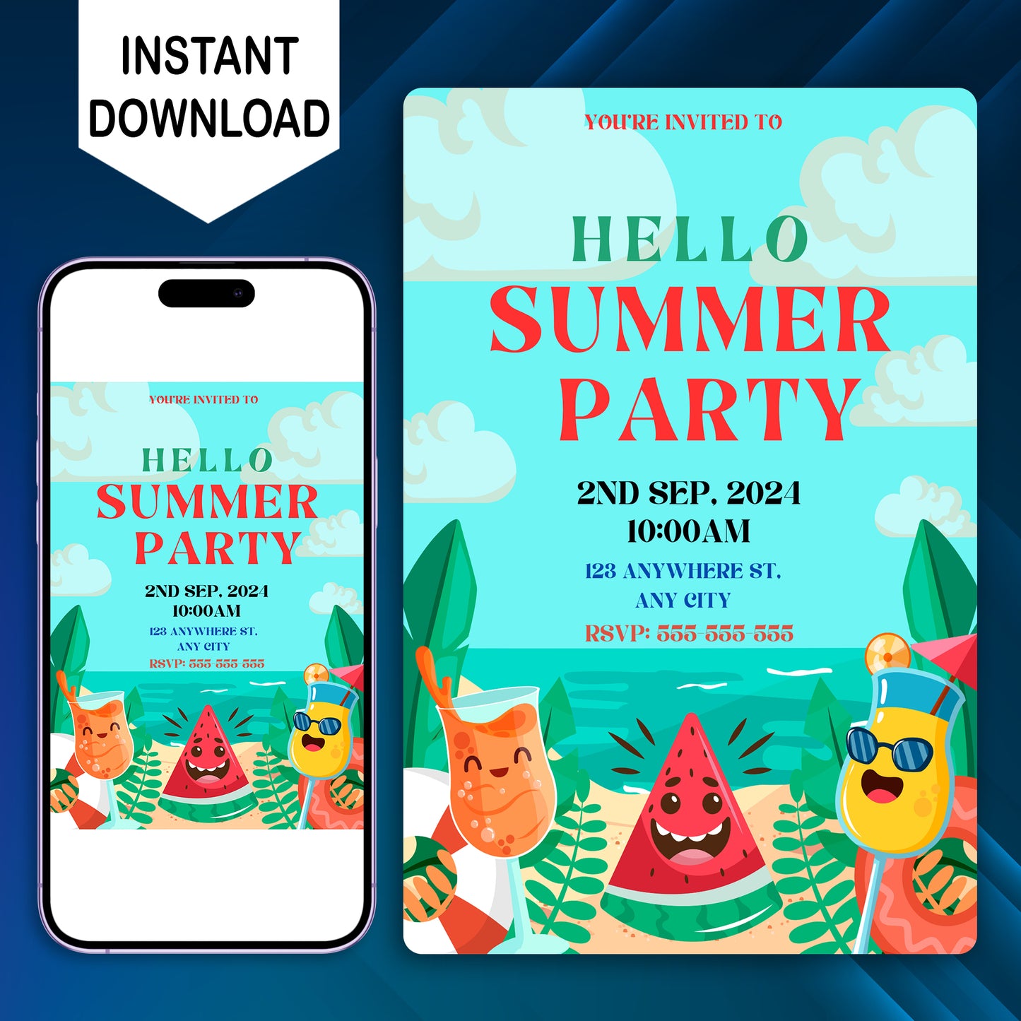 Hello Summer Party Invitation Canva Template | Hello Summer Theme Invite