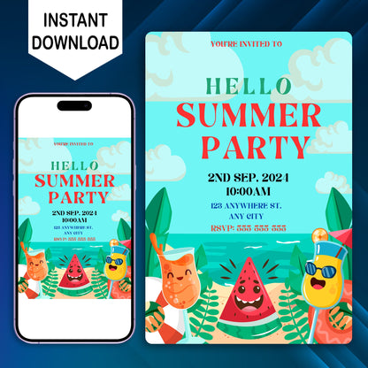 Hello Summer Party Invitation Canva Template | Hello Summer Theme Invite CreativeRino