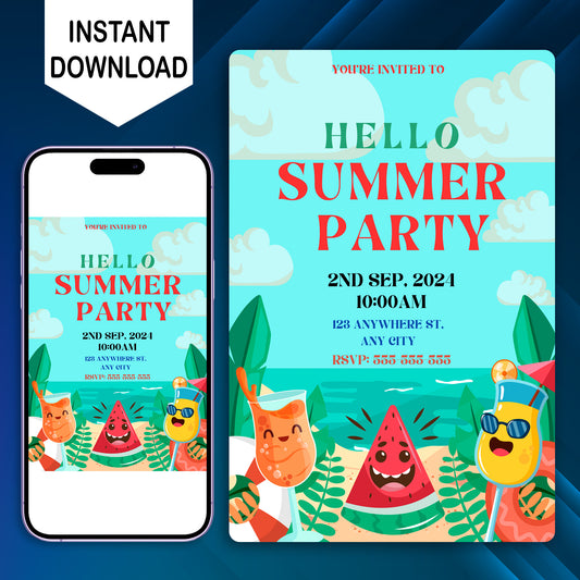 Hello Summer Party Invitation Canva Template | Hello Summer Theme Invite