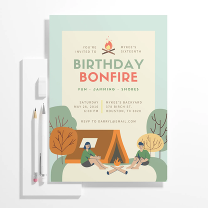 Bonfire Birthday Invitation Template | Camping Invite - CreativeRino
