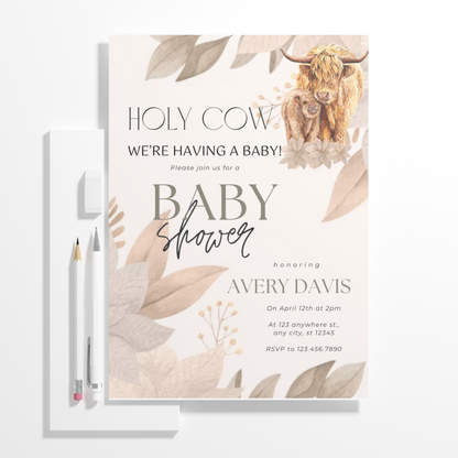 Boho Highland Cow Baby Shower Invitation Template CreativeRino