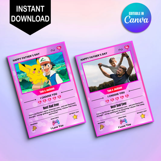 Custom Pokemon Fathers Day Card, Editable Pokeman Cards, Poke Gift For Dad, Father's Day Gift - CreativeRino