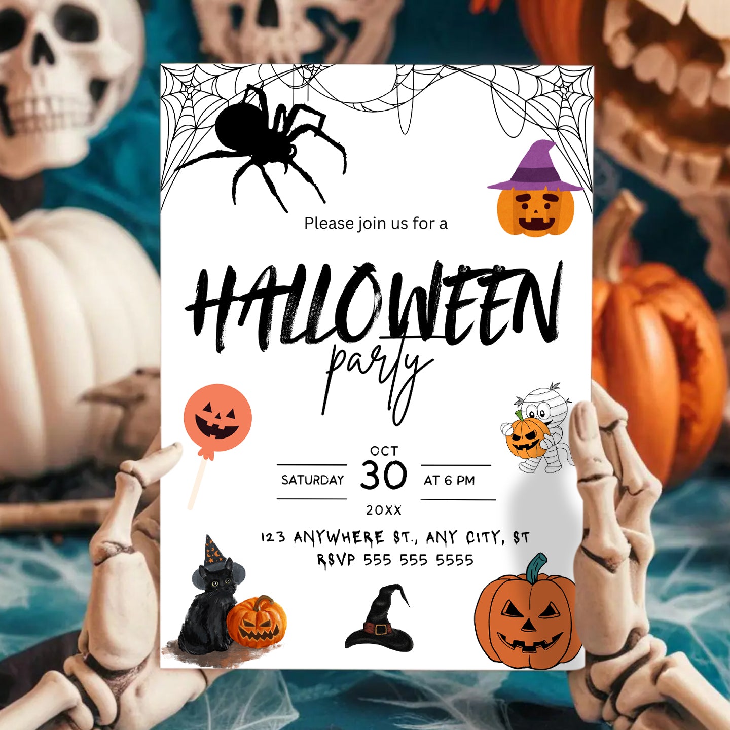 Pumpkin and Spider Halloween Party Invitation Template