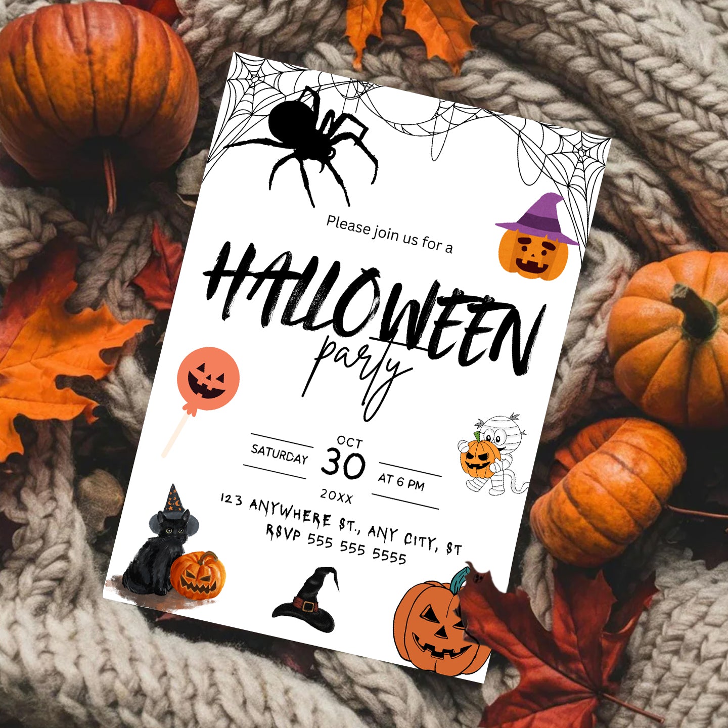 Pumpkin and Spider Halloween Party Invitation Template