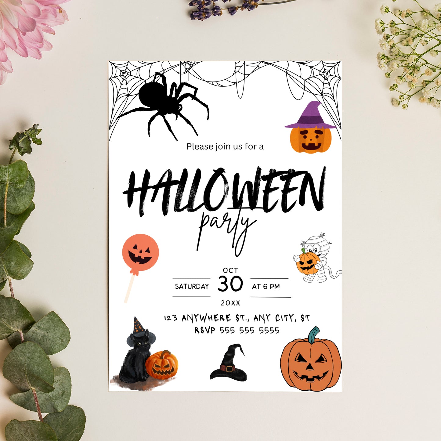 Pumpkin and Spider Halloween Party Invitation Template