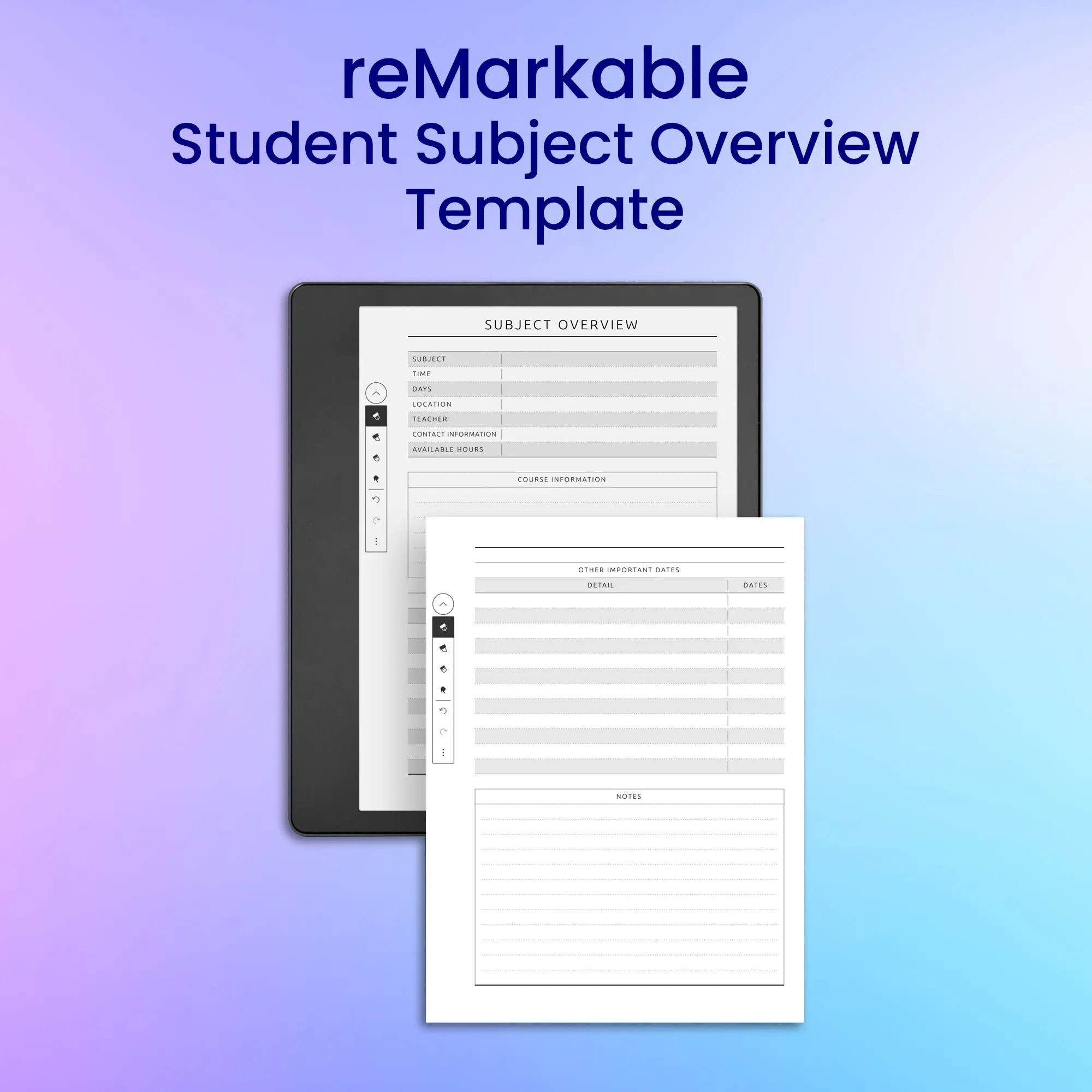 reMarkable 2 Student Subject Overview Template Planner Template ...