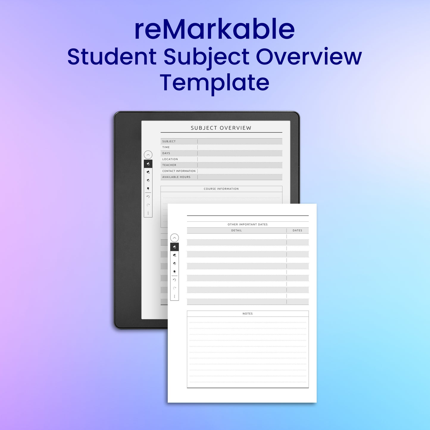 reMarkable 2 Student Subject Overview Template Planner Template