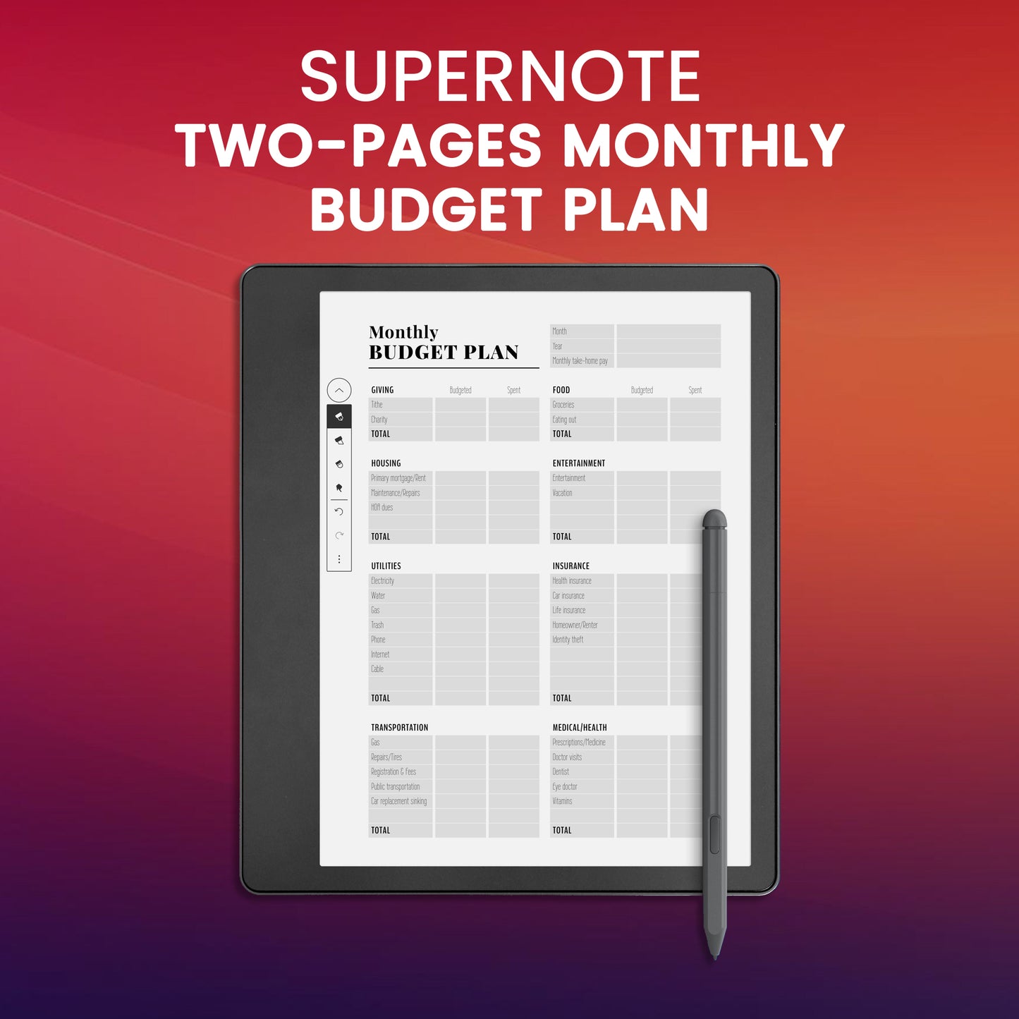 Supernote Two-Pages Monthly Budget Plan Planner Template