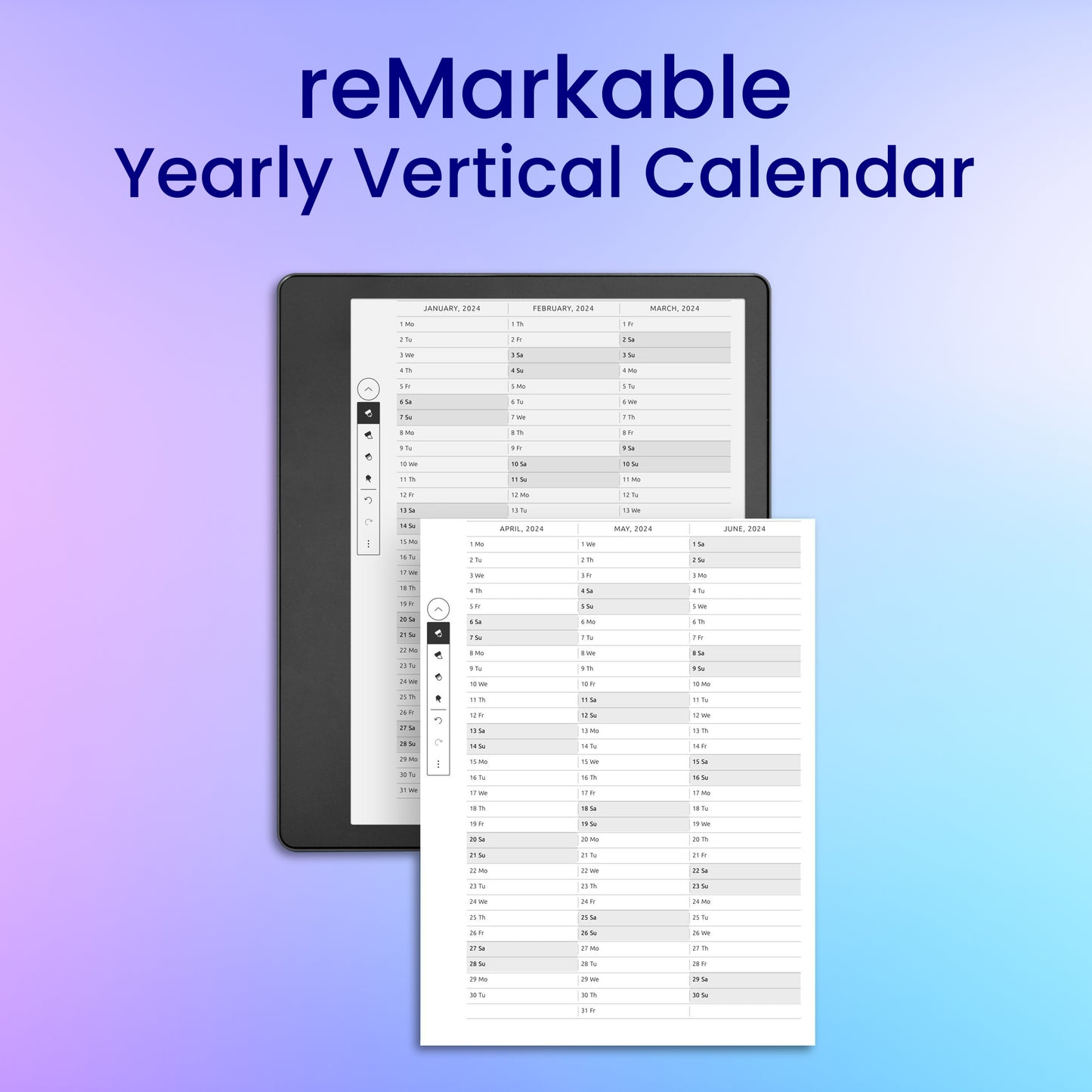 reMarkable 2 Yearly Vertical Calendar Planner Template