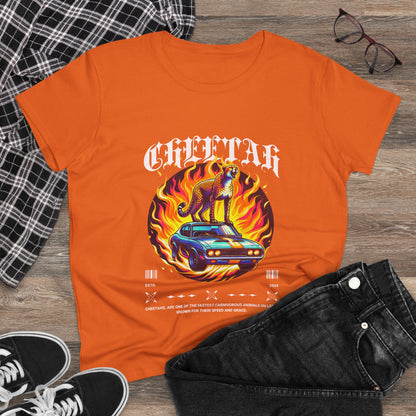 Cool Car and Cheetah Graphic Women's Tee Midweight Cotton T-shirt - CreativeRino
