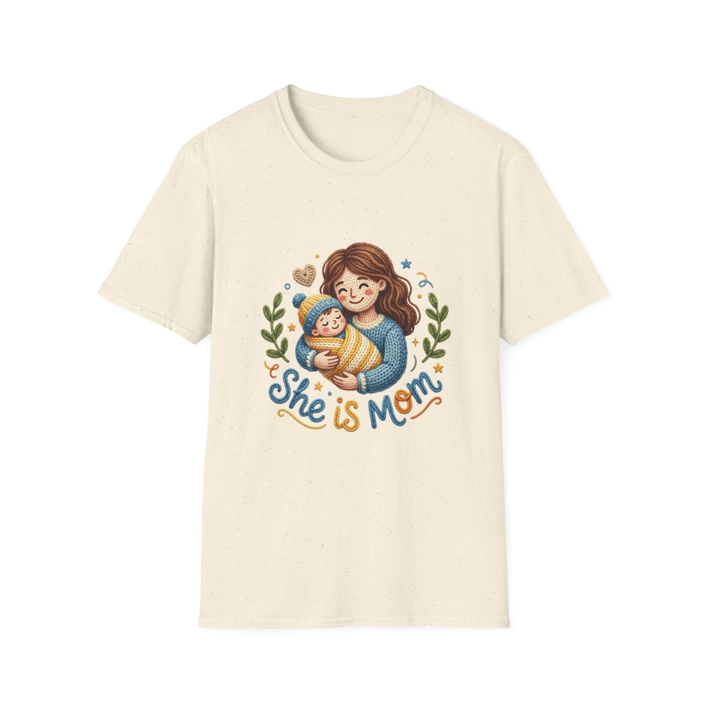 She Is Mom T-Shirt — Cute Mom & Baby Illustration, Mother’s Day Gift Tee Printify