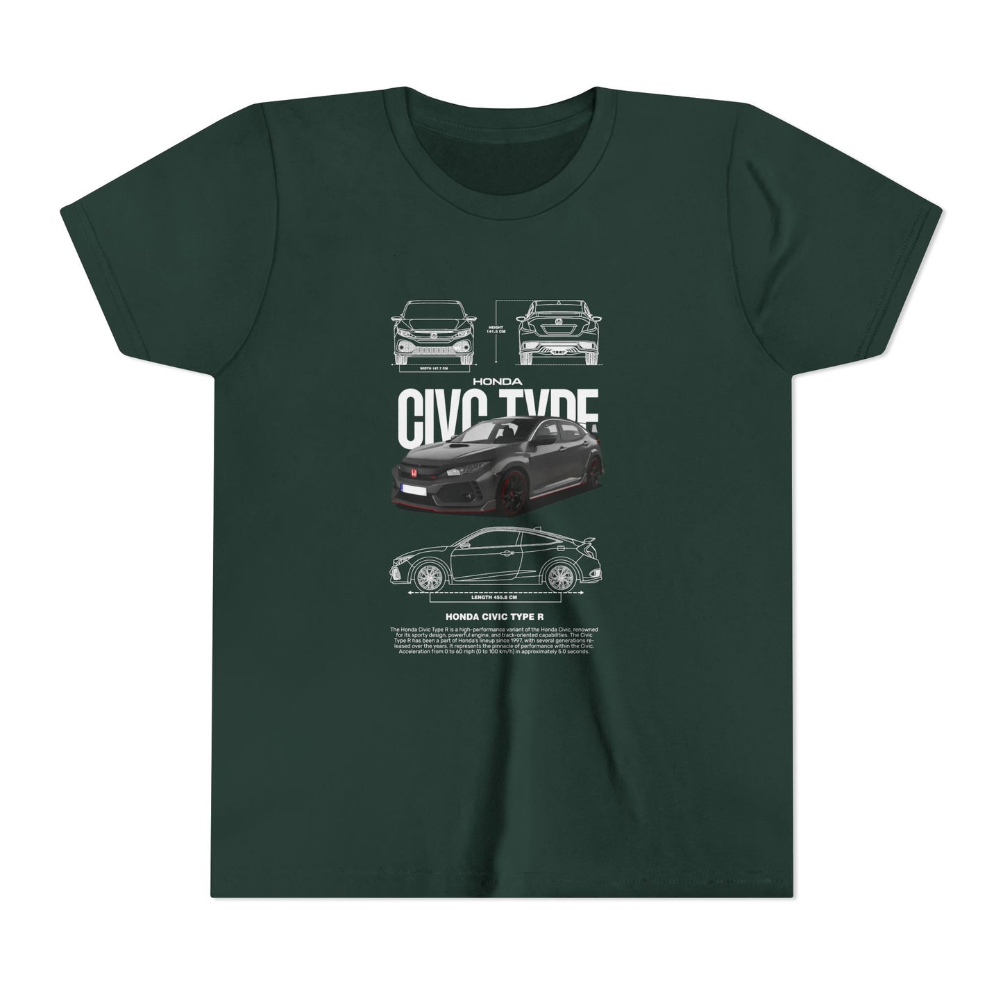 Honda Civic Type R Youth Short Sleeve Tee - Cool Car Graphic Tee for Young Car Enthusiasts - CreativeRino
