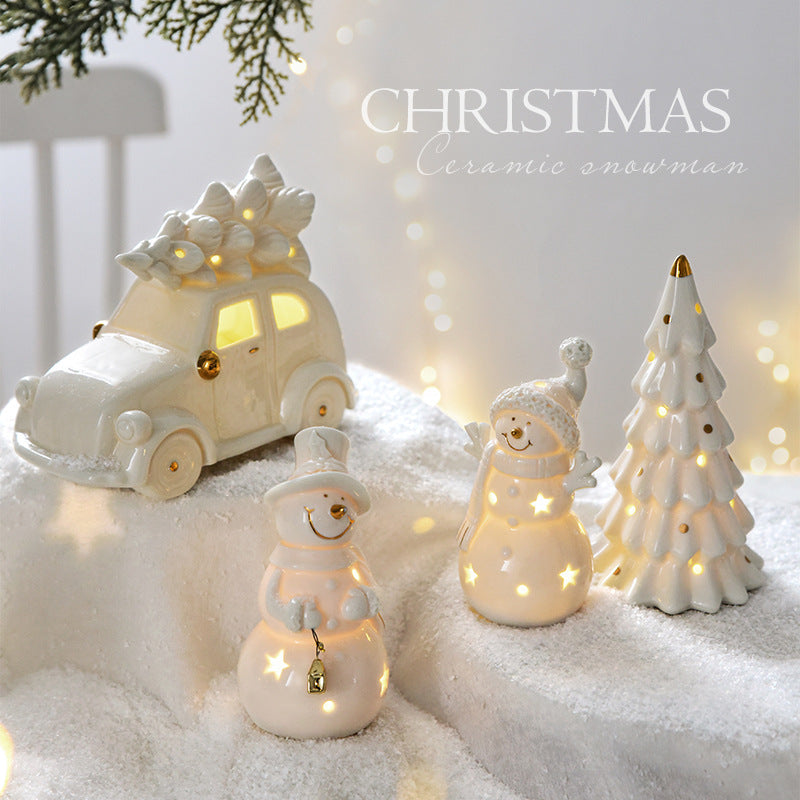 Mini Ceramic Snowman Car Figurine | Desktop Holiday Decor & Small Scene Prop Gift eprolo