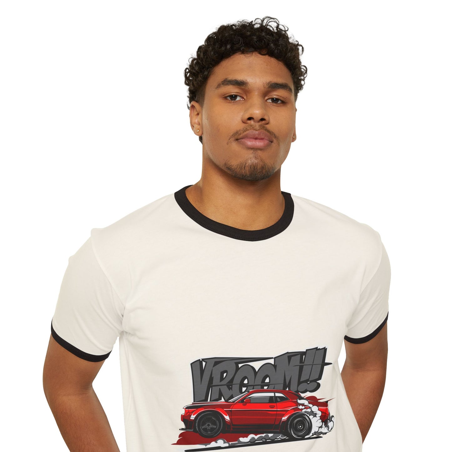 Vroom! Unisex Cotton Ringer T-Shirt for Car Enthusiasts - CreativeRino