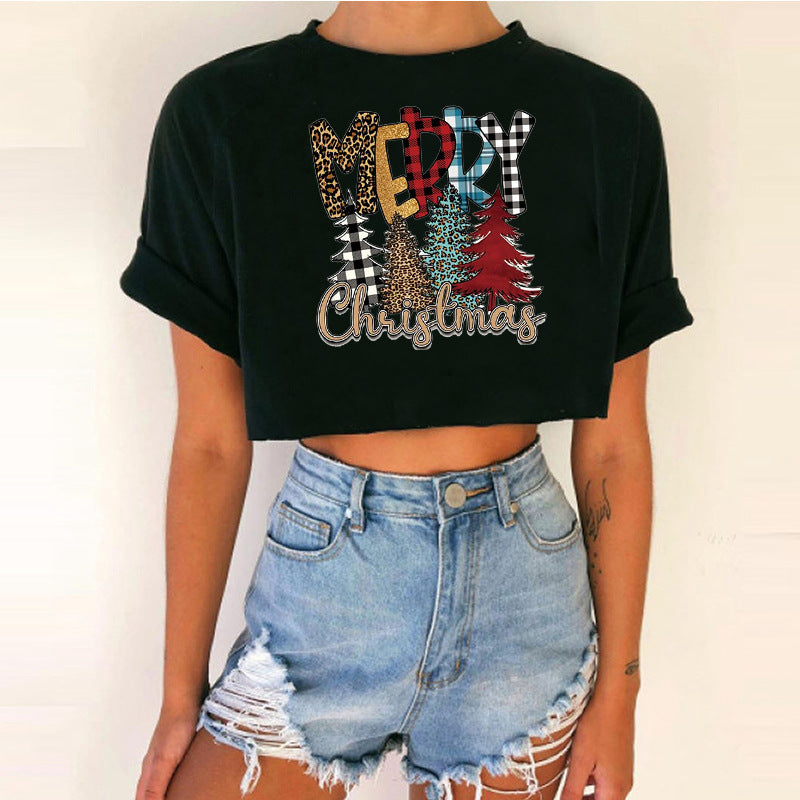 Spicy Girl Christmas Crop Top T-Shirt | INS Style Short Sleeve Round Neck | Trendy Festive Night Out Basic eprolo