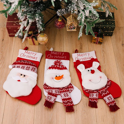 3D Elderly Elk Knitted Christmas Socks, Holiday Gift Bag & Decor, Red